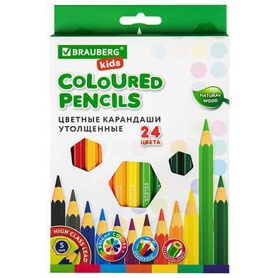 Карандаши цветные утолщенные BRAUBERG KIDS, 24 цвета, шестигранные, грифель 5 мм, натуральное дерево, 181879 (арт. 181879)