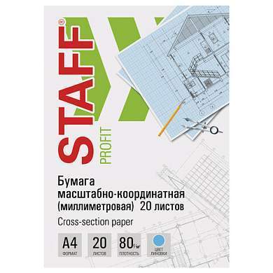 Бумага масштабно-координатная (миллиметровая), папка, А4, голубая, 20 листов, ПЛОТНАЯ 80 г/м2, STAFF, 113485 (арт. 113485)