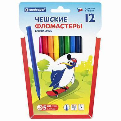 Фломастеры 12 ЦВЕТОВ CENTROPEN "Пингвины", смываемые, вентилируемый колпачок, 7790/12ET, 7 7790 1286 (арт. 150056)