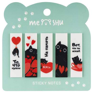 Флажки-закладки MESHU "Cute kitten" пластиковые с дизайном, 45*12мм, 20л*5 цветов, пакет с евро подвесом (арт. 371414)