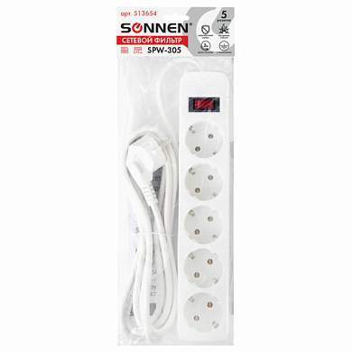 Сетевой фильтр SONNEN SPW-305, 5 розеток с заземлением, выключатель, 10 А, 3 м, белый, 513654 (арт. 513654)