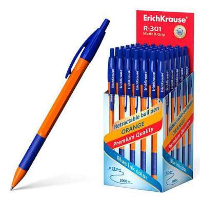 Ручка шариковая автоматическая с грипом ERICH KRAUSE "R-301 Orange", СИНЯЯ, узел 1,0 мм, линия письма 0,35 мм, 46762 (арт. 143896)