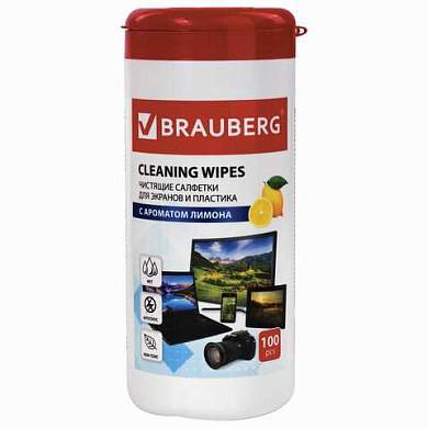 Салфетки для экранов всех типов и пластика BRAUBERG с ароматом "ЛИМОН", туба 100 шт., влажные, 511688 (арт. 511688)