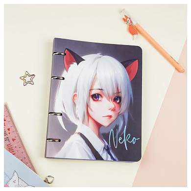 Тетрадь на кольцах А5, 100л., MESHU "Neko", картон, матовая ламинация, тиснение фольгой (арт. 352214)