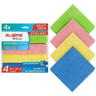 Салфетка из МИКРОФИБРЫ универсальная 40х40 см, КОМПЛЕКТ 4 шт., MULTI PRO COLOUR, 280 г/м2, LAIMA, 607793 (арт. 607793)