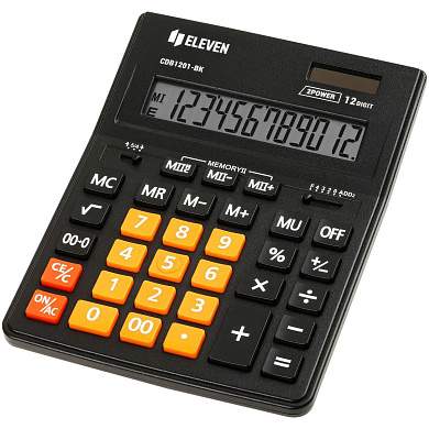 Калькулятор настольный Eleven Business Line CDB1201-BK/OR, 12 разрядов, двойное питание, 155*205*35мм, черный/оранжевый (арт. 365633)