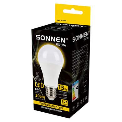 Лампа светодиодная SONNEN EXTRA, 15 (130) Вт, Е27, груша, теплый белый, 30000 ч, LED A60-15W-2700-Е27, 457896 (арт. 457896)