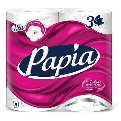 Бумага туалетная Papia, 3-слойная, 4шт., тиснение, белая (арт. 260065)