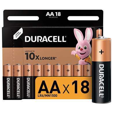 Батарейки КОМПЛЕКТ 18 шт., DURACELL Basic ОРИГИНАЛ, AA (LR6, 15А), алкалиновые, пальчиковые (арт. 451464)