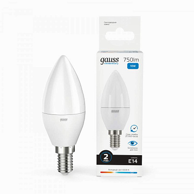 Gauss Elementary лампа Свеча E14 10W(750lm) 6500K 6K 110x38 матовая, пластик/алюм. 33130 (арт. 795509)