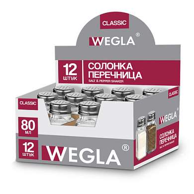 Солонка-перечница 80 мл, CLASSIC, баночка для специй, стекло/сталь, дисплей, WEGLA (ВЕГЛА), 700225 (арт. 700225)