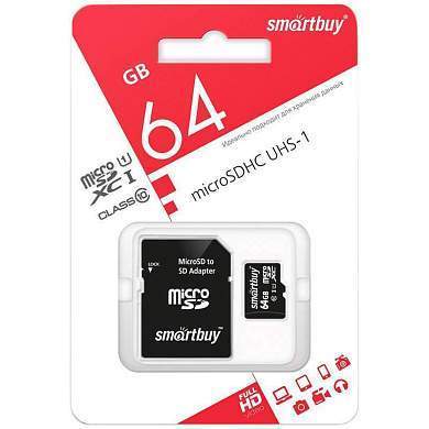 Карта памяти SmartBuy MicroSDXC 64GB UHS-1, Class 10, скорость чтения 60Мб/сек (с адаптером SD) (арт. 251136)