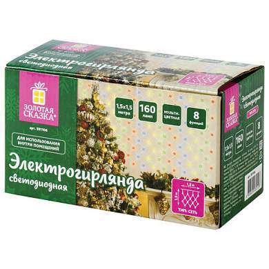 Электрогирлянда-сеть комнатная 1,5х1,5 м,160 LED, мультицветная, 220 V, контроллер, ЗОЛОТАЯ СКАЗКА, 591106 (арт. 591106)
