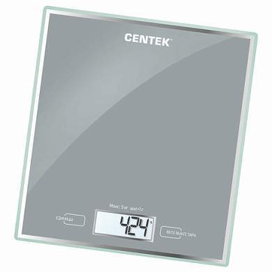 Весы кухонные CENTEK CT-2462 SILVER, электронный дисплей, max вес 5 кг, тарокомпенсация, стекло, CT-2462 Silver (арт. 457572)