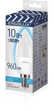 Ergolux ПРОМО свеча C35 E14 10W(960lm 220°) 4500K 4K матовая 102x37 пластик/алюм. LED-C35-10W-E14-4K (арт. 807973)