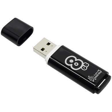 Память Smart Buy "Glossy" 8GB, USB 2.0 Flash Drive, черный (арт. 230826)