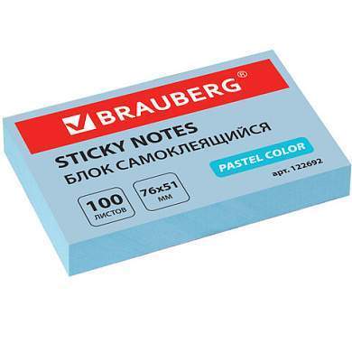 Блок самоклеящийся (стикеры) BRAUBERG, ПАСТЕЛЬНЫЙ, 76х51 мм, 100 листов, голубой, 122692 (арт. 122692)