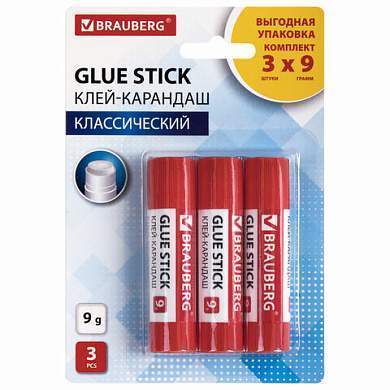 Клей-карандаш 9 г ВЫГОДНАЯ УПАКОВКА BRAUBERG, 3 штуки на блистере, 271305 (арт. 271305)