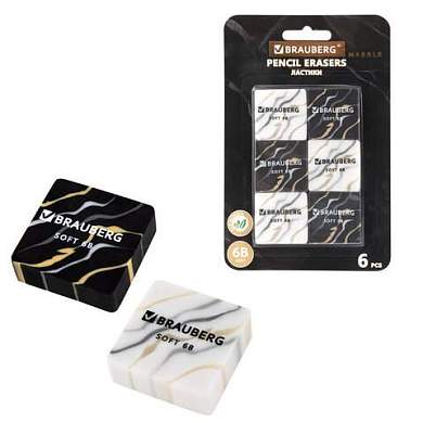 Ластики BRAUBERG "MARBLE", НАБОР 6 штук, 34х34х11 мм, квадратные, экологичный ПВХ, блистер, 272735 (арт. 272735)