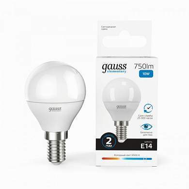 Gauss Elementary лампа Шар G45 E14 10W(750lm) 6500K 6K матов., пластик 53130 (арт. 784661)