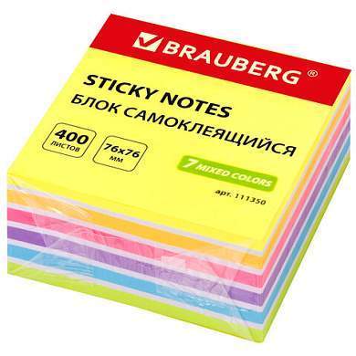 Блок самоклеящийся (стикеры) BRAUBERG НЕОНОВЫЙ 76х76 мм, 400 листов, 7 цветов, 111350 (арт. 111350)