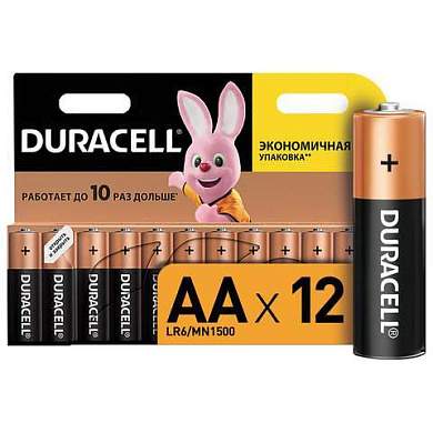 Батарейки КОМПЛЕКТ 12 шт., DURACELL Basic ОРИГИНАЛ, AA (LR6, 15А), алкалиновые, пальчиковые (арт. 450432)