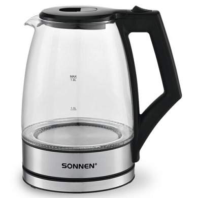 Чайник электрический SONNEN KT-1807, 1,8 л, 2200 Вт, термостойкое стекло, внутренняя подсветка синяя, нержавеющая сталь, 455140 (арт. 455140)