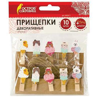 Прищепки декоративные "Сладкие истории", 10 штук, 3,5 см, ассорти, со шпагатом, ОСТРОВ СОКРОВИЩ, 662671 (арт. 662671)