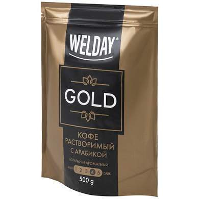 Кофе растворимый WELDAY (ВЭЛДЭЙ) "GOLD" 500 г, БРАЗИЛИЯ, арабика, сублимированный, в упаковке Zip-Lock, 622673 (арт. 622673)