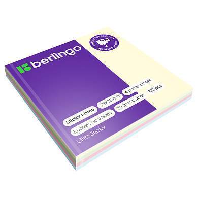 Самоклеящийся блок Berlingo "Ultra Sticky", 75*75мм, 100л., 4 пастельных цвета (арт. 287195)