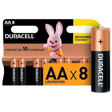 Батарейки КОМПЛЕКТ 8 шт., DURACELL Basic ОРИГИНАЛ, AA (LR6, 15А), алкалиновые, пальчиковые, C0033441 (арт. 450431)