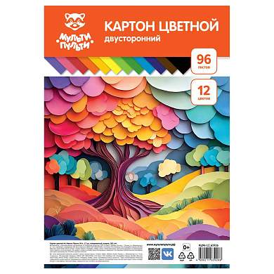 Картон цветной А4, Мульти-Пульти, 96л., 12цв., тонированный, ассорти, 180г/м2 (арт. 381620)