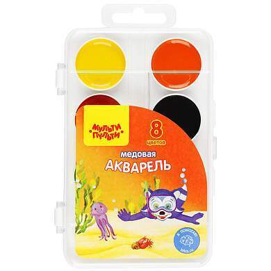 Акварель Мульти-Пульти "Енот в Красном море", медовая, 08 цветов, без кисти, пластик, европодвес (арт. 240038)