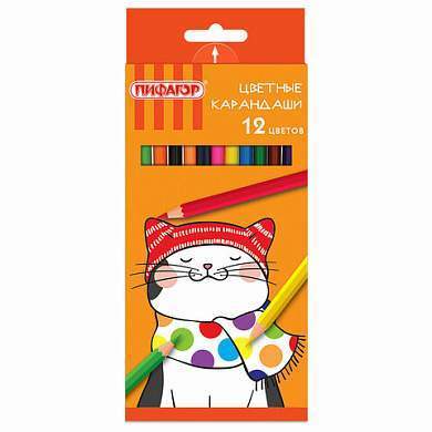 Карандаши цветные ПИФАГОР "КОТИК", 12 цветов, шестигранные, 181340 (арт. 181340)