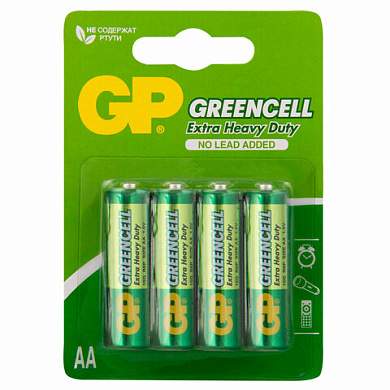 Батарейки КОМПЛЕКТ 4 шт., GP GreenCell AA (R6, 15G), солевые, пальчиковые, блистер, 15G-2CR4 (арт. 457754)