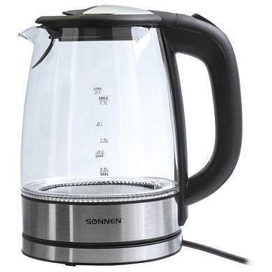 Чайник SONNEN KT-1788, 1,7 л, 2200 Вт, закрытый нагревательный элемент, стекло, черный, подсветка, 454349 (арт. 454349)