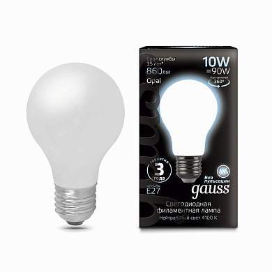 Gauss Filament ЛОН A60 E27 10W(860lm) 4100K 4K матов. 105x60 филамент (нитевидная), 102202210 (арт. 645956)