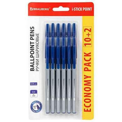 Ручки шариковые с грипом BRAUBERG "i-STICK POINT", НАБОР 10+2 ШТ., СИНИЕ, линия письма 0,35 мм, блистер,144025 (арт. 144025)