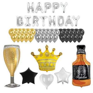 Шары воздушные НАБОР ДЛЯ ДЕКОРА "Happy Birthday", 52 шара, серебро/золото/черный, BRAUBERG, 591898 (арт. 591898)