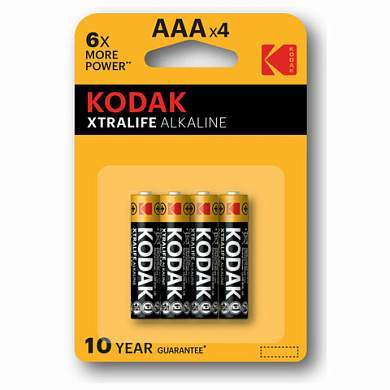 Батарейки алкалиновые "мизинчиковые" КОМПЛЕКТ 4 шт., KODAK Xtralife Alkaline, ААА (LR03,15А), блистер, Б0014329 (арт. 457379)