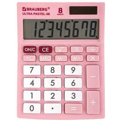 Калькулятор настольный BRAUBERG ULTRA PASTEL-08-PK, КОМПАКТНЫЙ (154x115 мм), 8 разрядов, двойное питание, РОЗОВЫЙ, 250514 (арт. 250514)