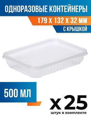 (25 шт.) - Контейнеры одноразовые с крышкой, 500мл. 179x132x32 мм (ПОС54588.25)