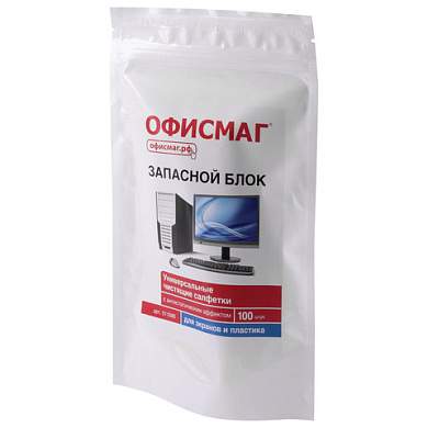Салфетки для экранов всех типов и пластика (запасной блок) ОФИСМАГ, пакет 100 шт., влажные, 511686 (арт. 511686)