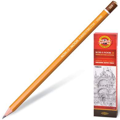 Карандаш чернографитный KOH-I-NOOR 1500, 1 шт., 3H, корпус желтый, заточенный, 150003H01170RU (арт. 180477)