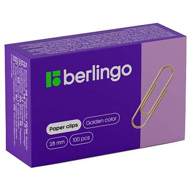 Скрепки 28мм, Berlingo, 100шт., золотистые, карт. упаковка (арт. 253694)