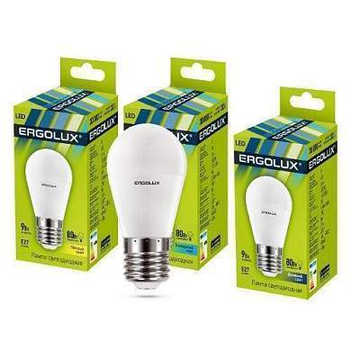 Ergolux шар G45 E27 9W(780lm 220°) 4500K 4K матовая 88x45 пластик/алюм. LED-G45-9W-E27-4K (арт. 659306)