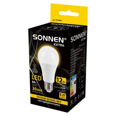 Лампа светодиодная SONNEN EXTRA, 12 (100) Вт, Е27, груша, теплый белый, 30000 ч, LED A60-12W-2700-Е27, 457894 (арт. 457894)