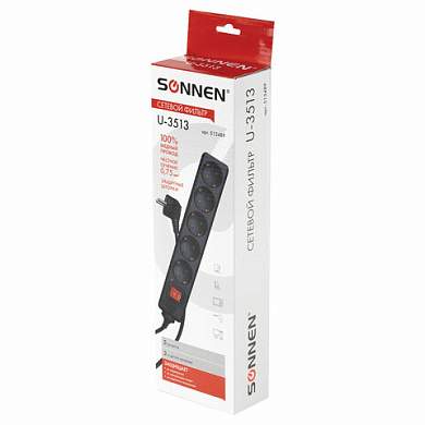 Сетевой фильтр SONNEN U-3513, 5 розеток, с заземлением, выключатель, 10 А, 3 м, черный, 513489 (арт. 513489)