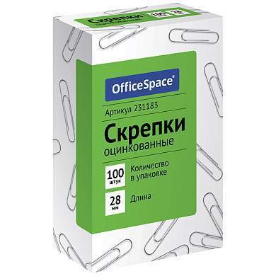 Скрепки 28мм, OfficeSpace, 100шт., оцинкованные, карт. упаковка (арт. 231183)