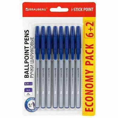 Ручки шариковые с грипом BRAUBERG "i-STICK POINT", НАБОР 6+2 ШТ., СИНИЕ, линия письма 0,35 мм, блистер, 144026 (арт. 144026)